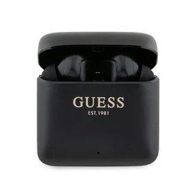 Guess Bluetooth ausinės GUTWSSU20ALEGK TWS + įkrovimo stotelė juodos su atspausdintu logotipu