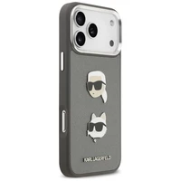 Karl Lagerfeld FW Grūdėtas Karl & Choupette Heads Pins & Logo dėklas telefonui iPhone 17 Pro Max - pilkas