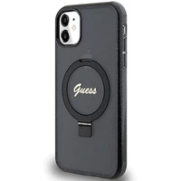 Guess Ring Stand Script Glitter Magnetinis dėklas telefonui iPhone 11 / Xr - juodas