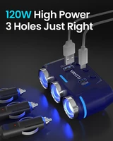 Automobilio cigarečių degiklio lizdo daliklis B39-C - 3 lizdai + USB + Type C - QC 3.0 PD 3A 120W su ekranu ir laidu