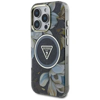 Guess Glitter Flowers Triangle Buttons Magnetinis dėklas telefonui iPhone 16 Pro - juodas