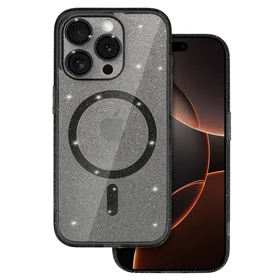 Blizgantis MagSafe dėklas telefonui Iphone 16 Pro juodas skaidrus