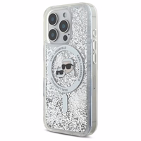 Karl Lagerfeld skystų blizgučių Karl & Choupette Head magnetinis dėklas telefonui iPhone 16 Pro - skaidrus