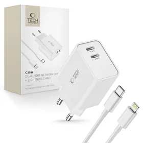 Tech-Protect C35W 2x USB-C PD 35W sieninis įkroviklis su USB-C / Lightning kabeliu - baltas