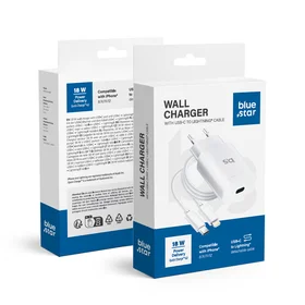 BLUE STAR kelioninis įkroviklis Type C + kabelis Type C į Lightning PD QC4.0 3A 18W TFK-TC-1099C baltas