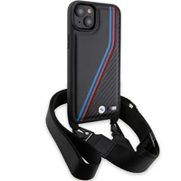 BMW M Edition anglies trispalvės linijos ir dirželis dėklas telefonui iPhone 15 Plus / 14 Plus - juodas