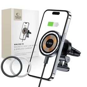 Tech-Protect MM15W-V5 automobilinis telefono laikiklis su MagSafe 15W indukciniu įkrovikliu, tvirtinamas prie oro angos - juodas