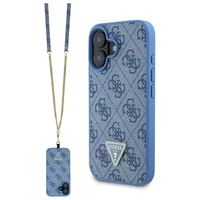Guess Odinis Crossbody dėklas telefonui iPhone 16 su metaliniu logotipu ir Strass - mėlynas