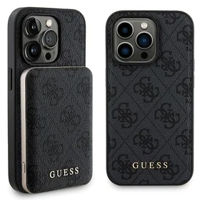 Guess 4G Metal Logo dėklas telefonui rinkinys iPhone 14 Pro Max + 5000mAh Magnetinė išorinė baterija - juoda