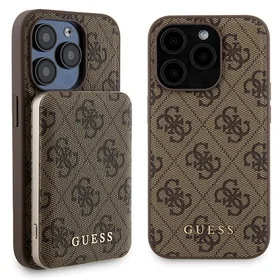 Guess 4G Metal Logo dėklas telefonui rinkinys iPhone 15 Pro Max + 5000mAh Magnetinė išorinė baterija - ruda