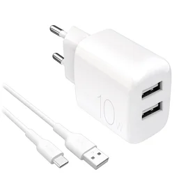 Puro PROLITE 10W 2x USB-A sieninis įkroviklis + USB-A - USB-C kabelis 1.2m - baltas