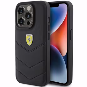Ferrari dygsniuotas metalinis logotipo dėklas telefonui iPhone 15 Pro – juodas