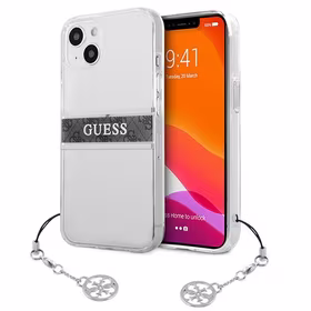 Guess GUHCP13SKB4GGR iPhone 13 mini 5.4" permatomas kietas dėklas 4G Pilkas Dirželis Žavesio