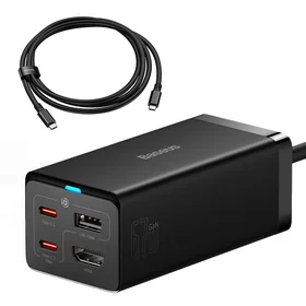 Baseus greitas įkroviklis GaN5 Pro HUB HDMI 2 x USB-C / USB-A / HDMI 4K 30Hz 1.5m juodas + USB-C laidas - USB-C 100W 40Gb/s (USB4) 1m (CCGP110201)