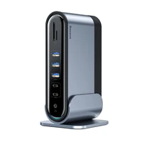 [GRĄŽINTA PREKĖ] Baseus daugiafunkcis HUB 3x USB 3.2 Gen 1 / 2x USB 2.0 / 2x USB Type C / SD ir micro SD kortelių skaitytuvas / AUX / 3x HDMI / RJ45 1Gbps Power Delivery 100W (EU / CN / UK kištukai) pilkas (CAHUB-DG0G)