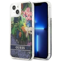 Guess GUHCP13SLFLSB iPhone 13 mini 5.4" mėlynas kietas dėklas gėlių skystas blizgučiai