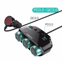 Automobilio cigarečių degiklio lizdo daliklis LM21 - 3 lizdai + USB + Type C - QC 3.0 PD 3A 122W su ekranu ir laidu