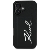 Karl Lagerfeld HC Grūdėtas PU Cardslot Metal Signature iPhone 16 dėklas - juodas