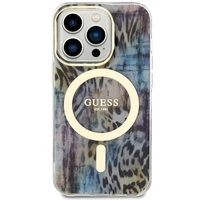 Guess GUHMP14XHLEOPWB iPhone 14 Pro Max 6.7" mėlynas kietas dėklas Leopard Magnetinis