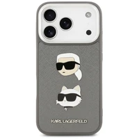 Karl Lagerfeld FW Grained Karl & Choupette Heads Pins & Logo dėklas telefonui iPhone 17 Pro - pilkas