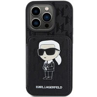 Karl Lagerfeld Saffiano kortelių lizdai ir stovas monograma Ikonik pleistras dėklas iPhone 15 Pro - juoda