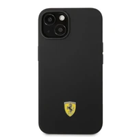 Ferrari FEHMSIP14MBK iPhone 14 Plus 6.7" juoda/juoda kietas dėklas silikoninis metalinis logotipas Magsafe