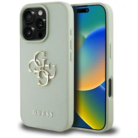 Guess grūdėtos odos mažas klasikinis dėklas su dideliu 4G logotipu iPhone 16 Pro - žalias