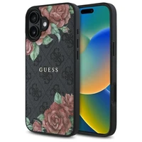 Guess GUHMP16SP4ROPEMCK iPhone 16 6.1" juodas/juodas kietas dėklas 4G Gėlių Raštas Magnetinis