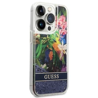 Guess Flower Liquid Glitter dėklas telefonui iPhone 14 Pro Max - mėlynas