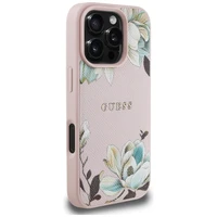 Guess Grained Printed Flower Pattern MagSafe dėklas telefonui iPhone 16 Pro rožinis