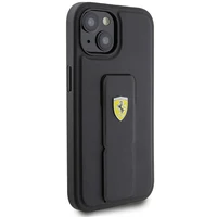 Ferrari Grip Stand Metal Logo dėklas iPhone 15 – juodas