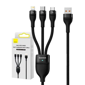 3in1 USB kabelis Baseus Flash Series, USB-C + micro USB + Lightning, 100W, 1.2m (juodas)