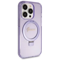Guess Magnetinis dėklas telefonui su žiediniu stovu Script Glitter MagSafe iPhone 13 Pro Max - violetinė