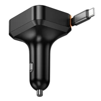 Automobilinis įkroviklis Hoco su ištraukiamu kabeliu 2 x USB C + USB A QC PD 65W NZ18 juodas