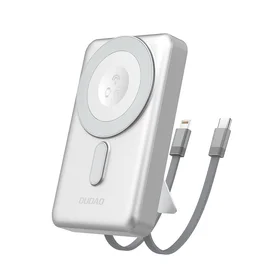 Dudao K29 10000mAh PD 20W Magnetinė išorinė baterija su metaliniu dėklu, stovu ir įmontuotais USB-C/Lightning kabeliais - sidabrinė