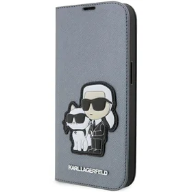 Karl Lagerfeld KLBKP14LSANKCPG iPhone 14 Pro 6.1" knygos tipo dėklas sidabrinis Saffiano Karl & Choupette