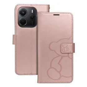 MEZZO knygos tipo dėklas telefonui XIAOMI Redmi Note 14 4G (GLOBAL - 164,84mm x 78,15mm x 8,16mm) su meškiuku, rožinio aukso spalvos