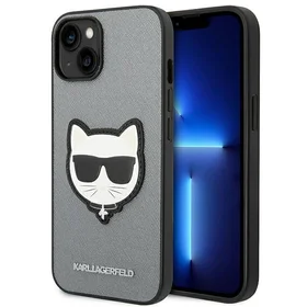 Karl Lagerfeld Saffiano Choupette Head Patch dėklas telefonui iPhone 14 Plus - sidabrinis