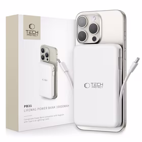 Tech-Protect LifeMag PB31 išorinė baterija su MagSafe 10000mAh 15W USB-C / USB-A / įmontuotu USB-C / Lightning kabeliais - balta