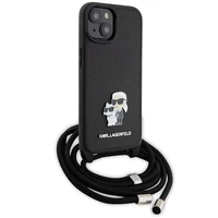 Karl Lagerfeld kryžminis Saffiano metalinis ženkliukas Karl & Choupette dėklas telefonui iPhone 15 - juodas