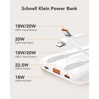 VEGER išorinė baterija 10000 mAh su įmontuotais kabeliais Type C / Lightning PD QC3.0 2A 22,5W C11C (W1170) balta