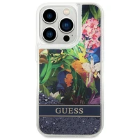 Guess Flower Liquid Glitter dėklas telefonui iPhone 14 Pro Max - mėlynas