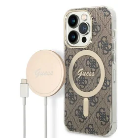 Rinkinys Guess GUBPP14LH4EACSW dėklas + įkroviklis iPhone 14 Pro 6.1" rudas/rudas kietas dėklas 4G Print Magnetinis