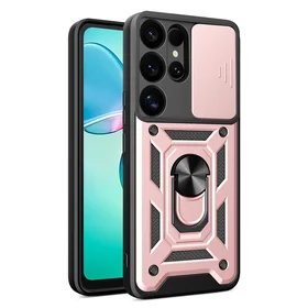Hibridinis šarvuotas Camshield su kameros dangteliu ir metaliniu žiedu Samsung Galaxy S25 Ultra - rožinis