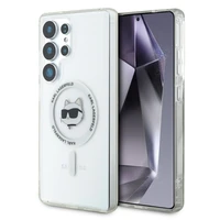 Karl Lagerfeld mygtukinis Choupette Head atspausdintas logotipas Magnētinis Samsung Galaxy S25 Ultra dėklas baltas