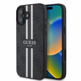 Guess 4G Spausdintų juostų MagSafe dėklas telefonui iPhone 16 Plus - juodas