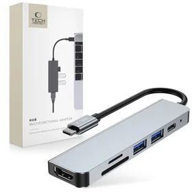 HUB Tech-Protect V4 6in1 USB-C - USB-A 3.0 / USB-A 2.0 / USB-C / HDMI / micro SD / TF / SD kortelių skaitytuvas - pilkas