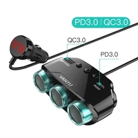 Automobilio cigarečių degiklio lizdo daliklis LM21 - 3 lizdai + USB + Type C - QC 3.0 PD 3A 122W su ekranu ir laidu