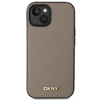 DKNY Grained Metal Logo Magnetinis iPhone 15 dėklas - smėlio spalvos