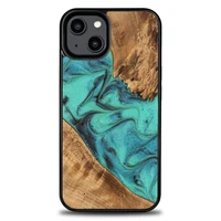 Medinis ir dervos dėklas telefonui iPhone 15 Plus Bewood Unique Turquoise - turkio ir juodas